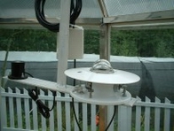 Weather station sensor cluster with a radiation shield mounted on a greenhouse frame