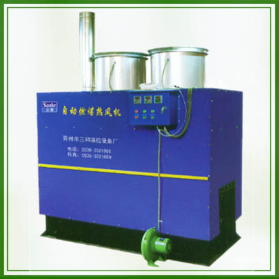 Coal fired hot air furnace unit with twin steel flues, a control panel and a blower, used for greenhouse heating